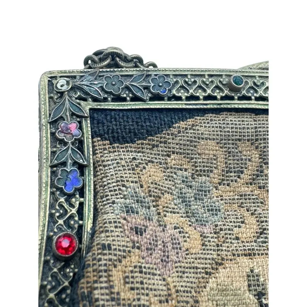 Antique 1920s Jeweled Enamel Frame Tapestry Evening Purse with Snake Clasp